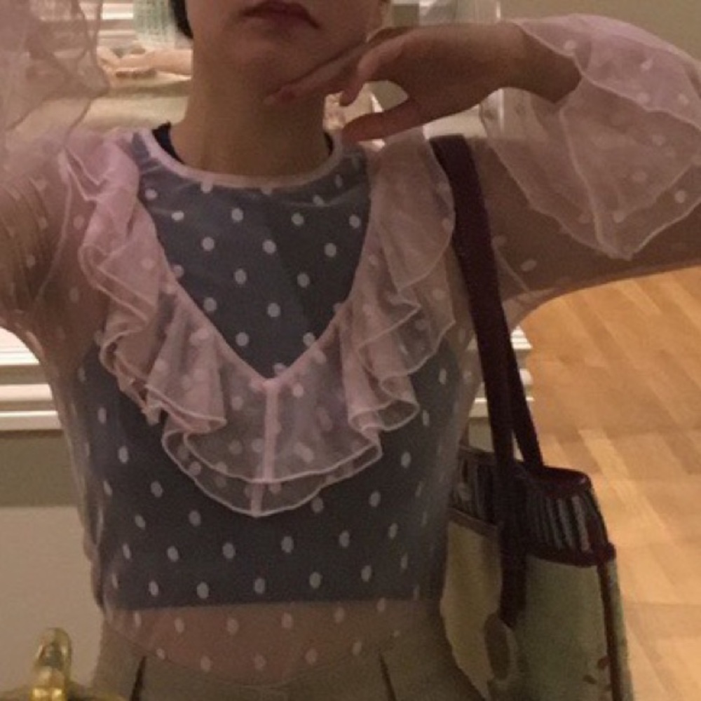H&M pink mesh frill top with polka dots